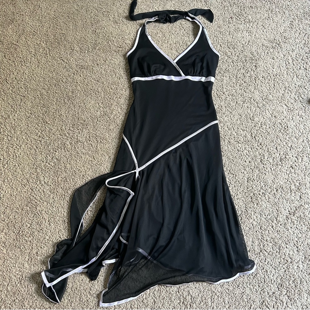 Black Halter Swing Dress White Trim Small